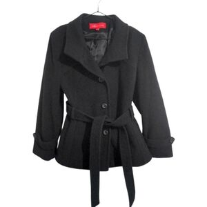 ANNE KLEIN BLACK WOOL FITTED PEA COAT Women's LARGE
